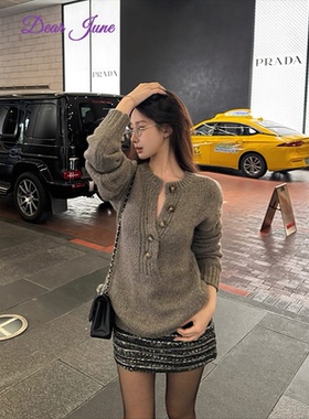 DearJune 美式复古半开领毛针织衫上衣宽松潮流百搭内搭简约通勤