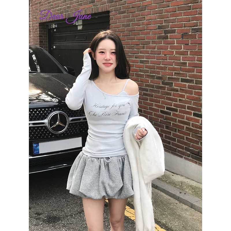 DearJune 韩系清纯甜美斜肩假两件收腰上衣字母印花纯欲显瘦ins