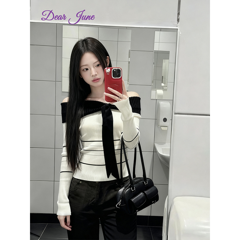 DearJune 韩国博主同款ins风温柔撞色蝴蝶结一字肩针织上衣设计感