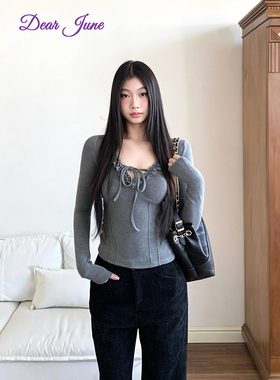 DearJune 韩系甜美纯欲感花边V领系带上衣加绒内搭修身打底时尚
