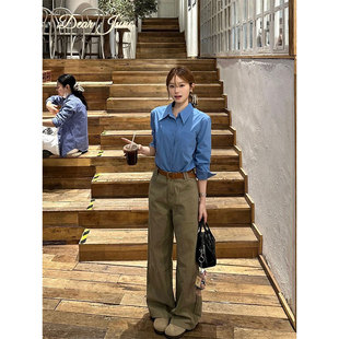 卡其色直筒裤 蓝色POLO领衬衫 气质高级感女 韩系2025新款 DearJune