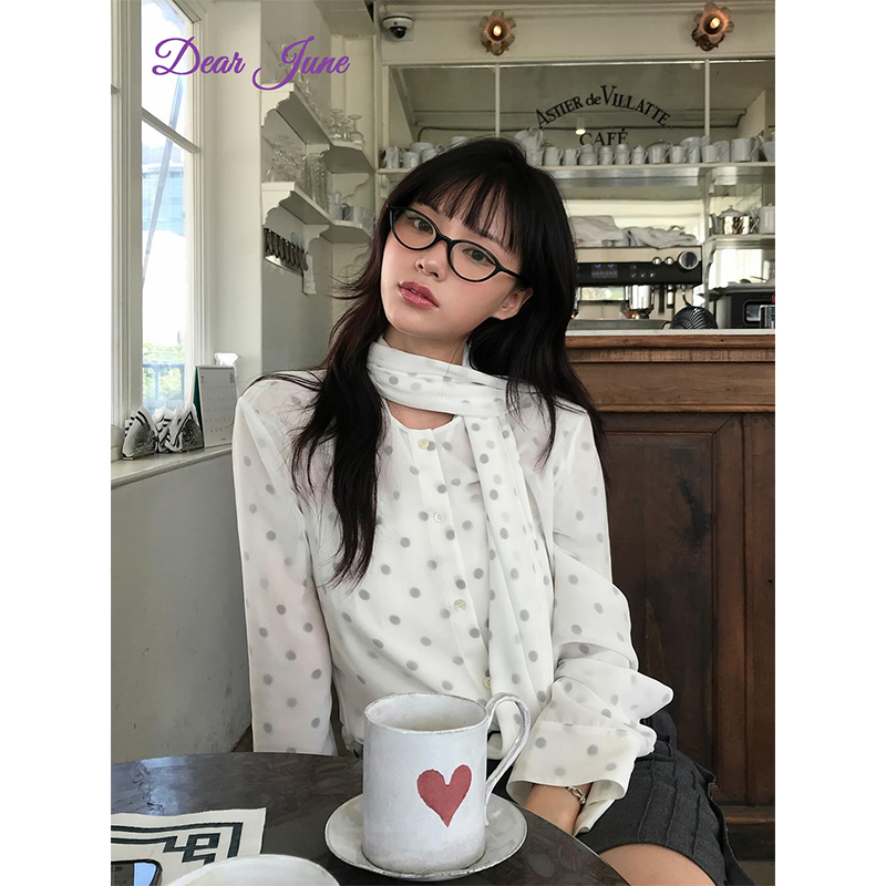 DearJune 韩国博主同款波点印花衬衫飘带领巾高智感日常气质休闲