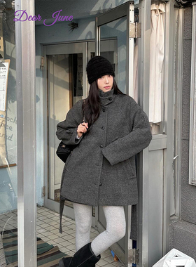 DearJune 韩版深冬独特毛呢大衣气质立领外套保暖百搭高级小个子