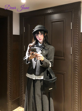 DearJune 韩国博主同款学院风千金毛呢外套高腰半身长裙套装高级