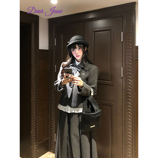 DearJune 韩国博主同款学院风千金毛呢外套高腰半身长裙套装高级
