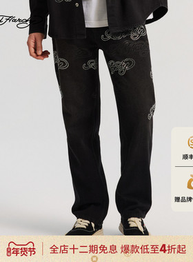 Ed Hardy埃德哈迪2026春季新款男士水洗烫钻直筒牛仔长裤E1SAM034