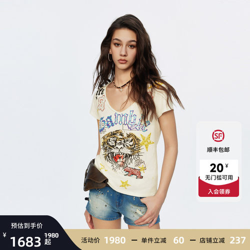 Ed Hardy埃德哈迪2026夏季新款女士潮酷V领做旧短袖T恤E1SBW262