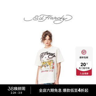 Ed Hardy埃德哈迪冬季新款水浆印烫钻宽松休闲女士短袖T恤