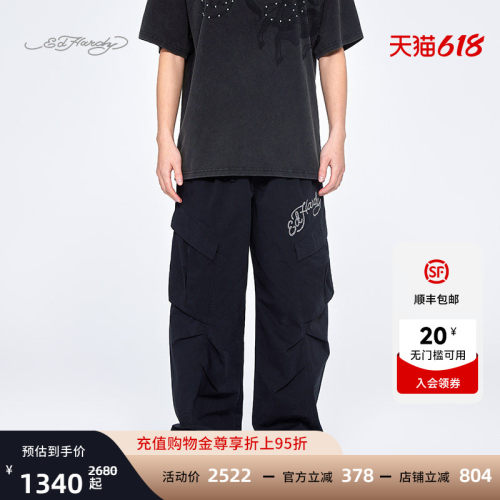 Ed Hardy埃德哈迪夏季流行新款绣花宽松直筒男士长裤轻薄工装裤