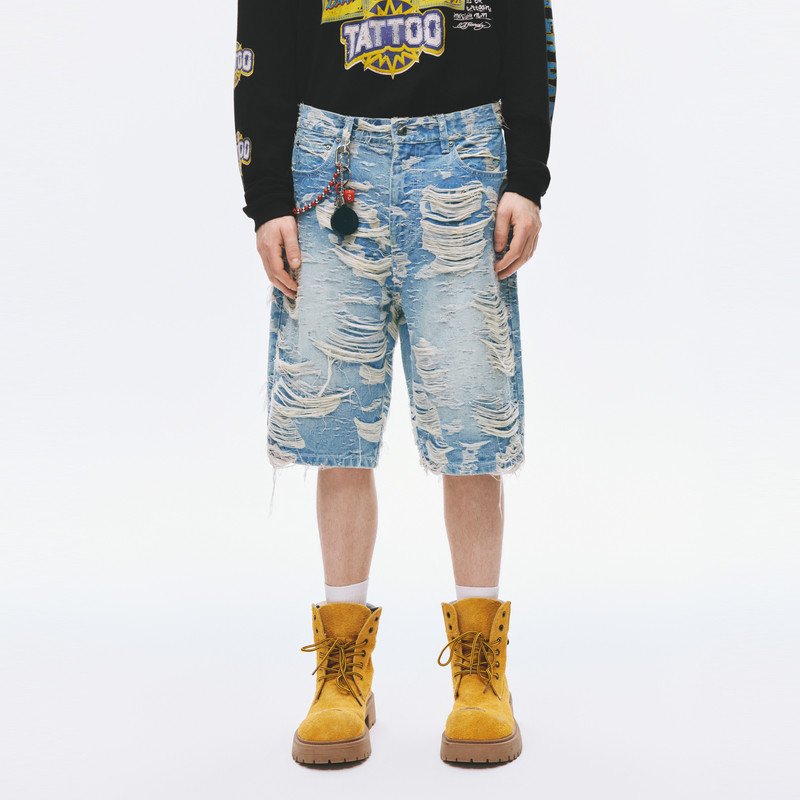 【秋季新品】Ed Hardy埃德哈迪男士水洗做旧破洞牛仔短裤E1SCM047