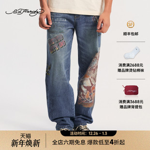 白墨印烫钻牛仔长裤 男士 新款 E1SAM062 Hardy埃德哈迪2026春季