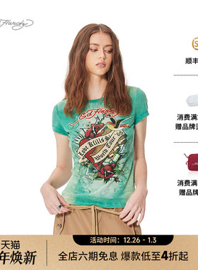 Ed Hardy埃德哈迪2025春季新款拔印烫钻女士圆领正肩修身短袖T恤