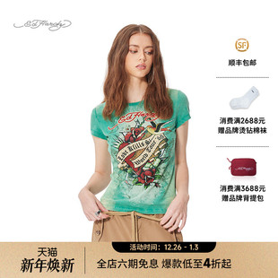 短袖 拔印烫钻女士圆领正肩修身 新款 T恤 Hardy埃德哈迪2025春季