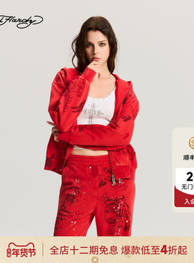Ed Hardy埃德哈迪2025冬季新款女士宽松拔印水洗拉链衫E1RDW388