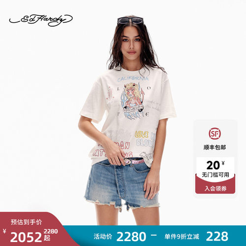 Ed Hardy埃德哈迪2026夏季新款女士烫钻圆领宽松短袖T恤E1SBW202