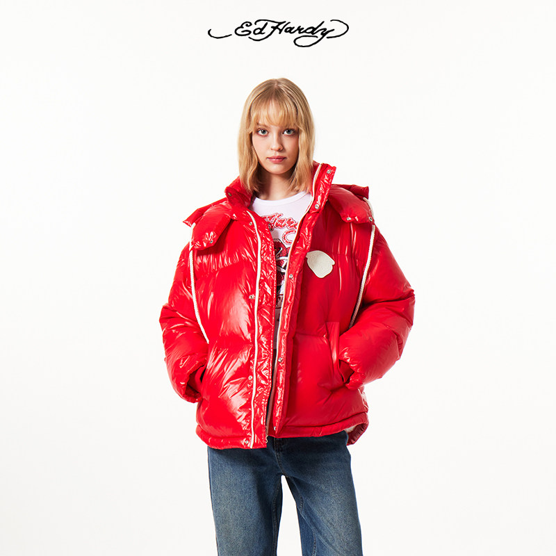 Ed Hardy埃德哈迪2023冬季新款彩虹系列女士宽松亮面红色羽绒服