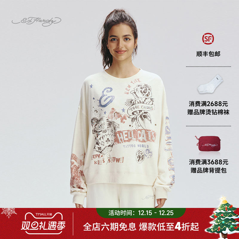 EdHardy女士圆领宽松烫钻套头衫