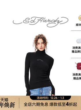 Ed Hardy埃德哈迪冬季新款经典烫钻高领修身长袖女士针织衫