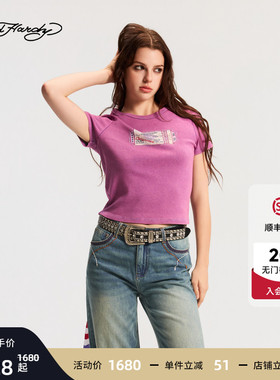 Ed Hardy埃德哈迪2026春季新款女士短款烫钻紧身短袖T恤E1SAW218