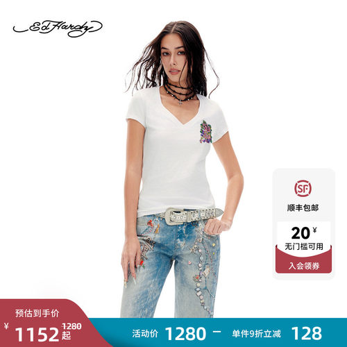 Ed Hardy埃德哈迪2026夏季新款女士烫钻V领百搭短袖T恤E1SBW229