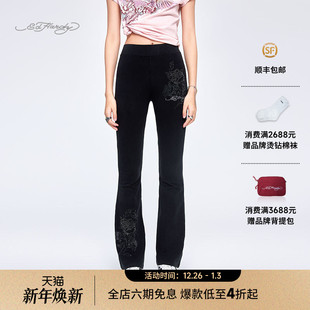 黑色女士针织烫钻紧身微喇打底裤 新款 Hardy埃德哈迪2025夏季