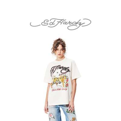Ed Hardy埃德哈迪冬季新款水浆印烫钻宽松休闲女士短袖T恤