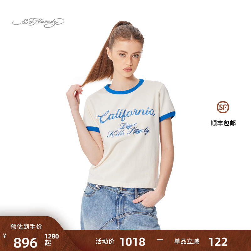 Ed Hardy埃德哈迪2025春季新款拔印烫钻圆领袖口撞色女士短袖T恤