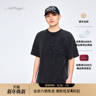 黑色针织宽松落肩短袖 男士 新款 T恤 Hardy埃德哈迪2025夏季