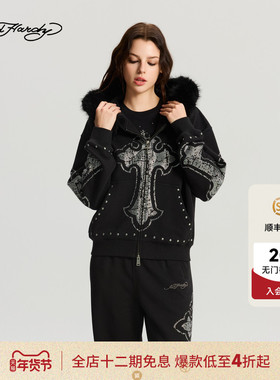 Ed Hardy埃德哈迪2025冬季新款女士烫钻烫珠宽松拉链衫E1RDW405