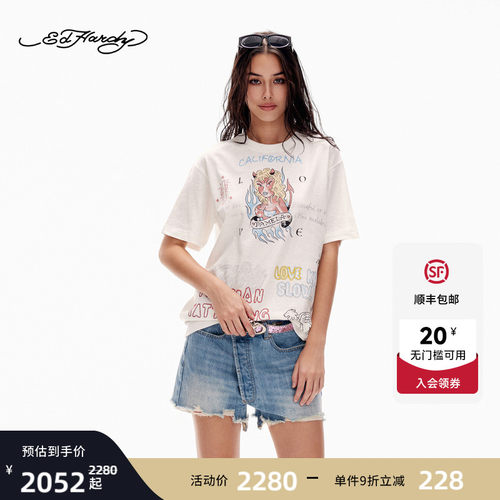 Ed Hardy埃德哈迪2026夏季新款女士烫钻圆领宽松短袖T恤E1SBW202