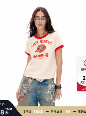Ed Hardy埃德哈迪2026夏季新款女士撞色烫钻宽松短袖T恤E1SBW243