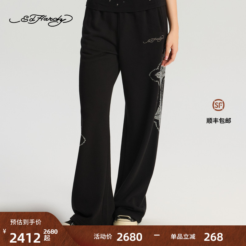 Ed Hardy埃德哈迪2025冬季新款女士烫钻烫珠宽松长裤E1RDW407