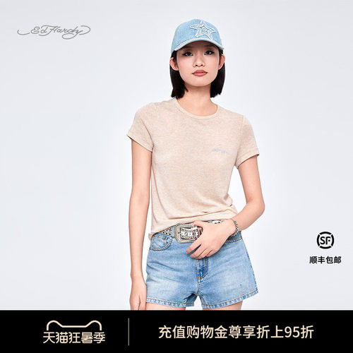 Ed Hardy埃德哈迪夏季流行新款杏仁色樱花粉紧身针织女士短袖T恤