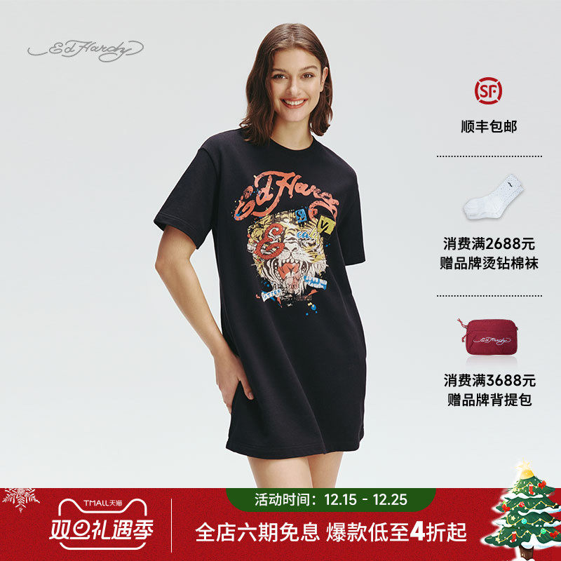 Ed Hardy埃德哈迪2025秋季新款女士烫钻宽松圆领连衣裙E1RCW334