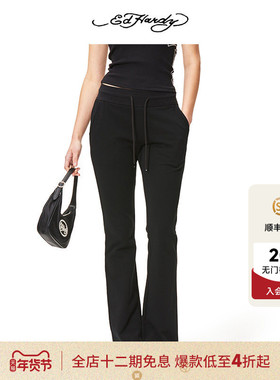 Ed Hardy埃德哈迪夏季新款女士高腰黑色坠感阔腿微喇针织长裤