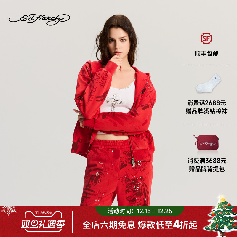 Ed Hardy埃德哈迪2025冬季新款女士宽松拔印水洗拉链衫E1RDW388