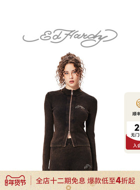 Ed Hardy埃德哈迪冬季新款石磨洗烫钻女士拉链针织衫外套