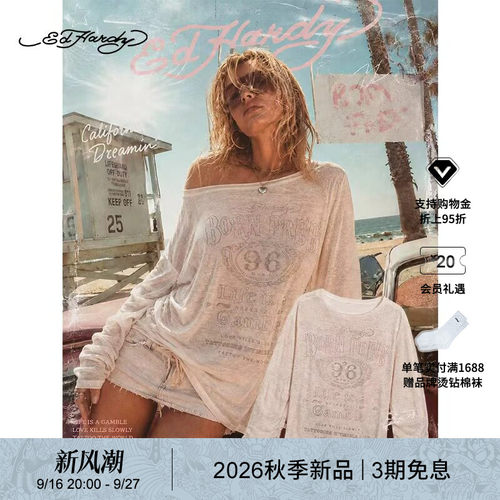 【秋季新品】Ed Hardy埃德哈迪秋季女士烫钻复古印花长袖T恤