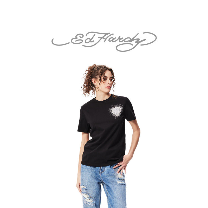 Ed Hardy埃德哈迪冬季新款珠片米珠绣花标烫钻女士短袖T恤