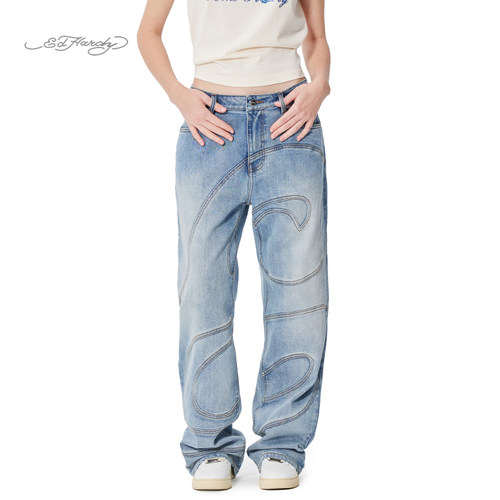 Ed Hardy埃德哈迪2025春季新款分割拼接宽松直筒女士牛仔长裤