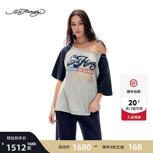 Ed Hardy埃德哈迪2026夏季新款女士斜肩宽松撞色短袖T恤E1SBW211