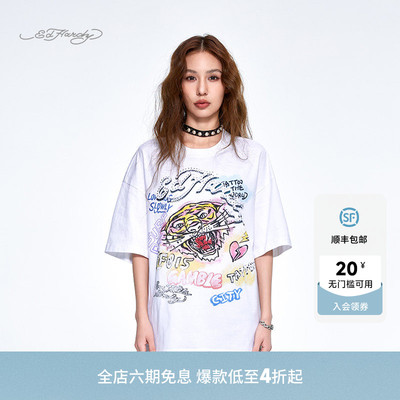 Ed Hardy埃德哈迪夏季流行新款女士圆领宽松数码印烫钻短袖T恤
