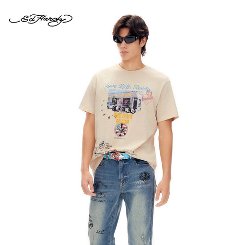 【春夏新品】Ed Hardy埃德哈迪男士数码印烫钻短袖T恤E1SBM010