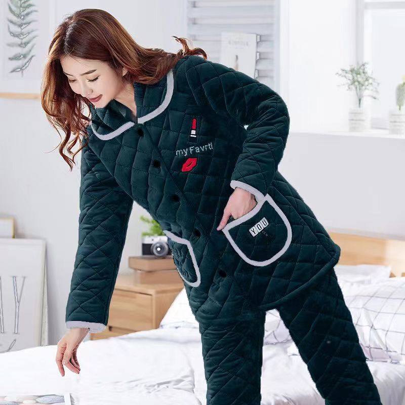 珊瑚绒睡衣女士冬季三层夹棉袄加绒加厚中长款冬天保暖家居服套装