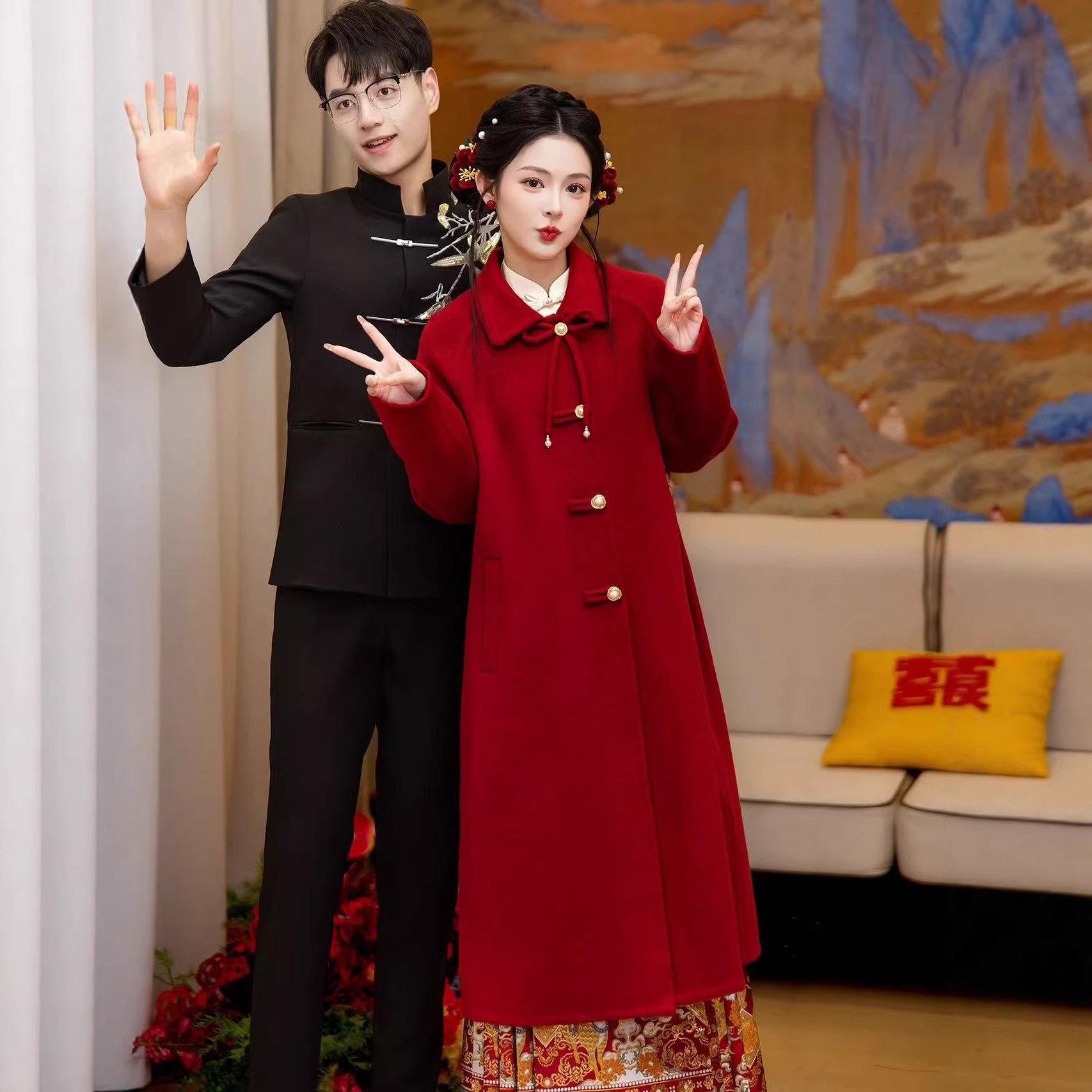 新中式红色大衣敬酒服秋冬小个子新娘结婚外套订婚服