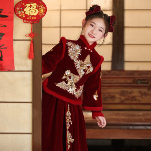女孩34-5-6-7-8-9岁女童汉服拜年服加厚儿童红色中式本命年新衣服