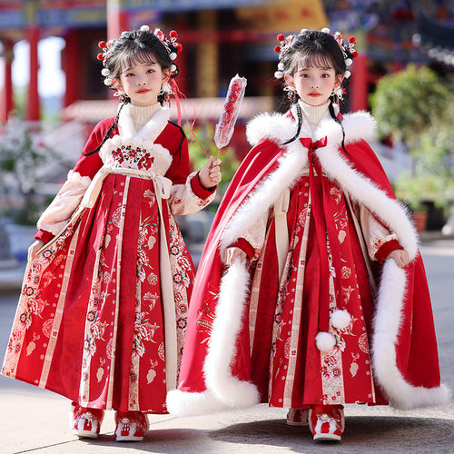 女孩34-5-6-7-8-9岁女童汉服外出斗篷加厚中国风儿童公主裙拜年服