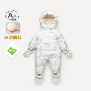婴儿羽绒服连体衣幼儿三防白鸭绒外出服宝宝冬装加厚包脚爬服抱服
