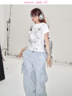 T恤女连帽猫猫印花烫钻显瘦原创上衣夏 短袖 OOURS LAB