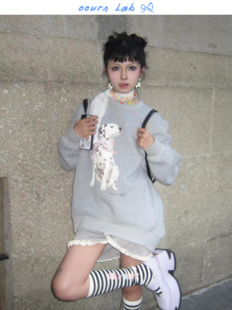 OOURS 斑点狗家族oversize格雷系圆领套头印花宽松卫衣女春秋 LAB